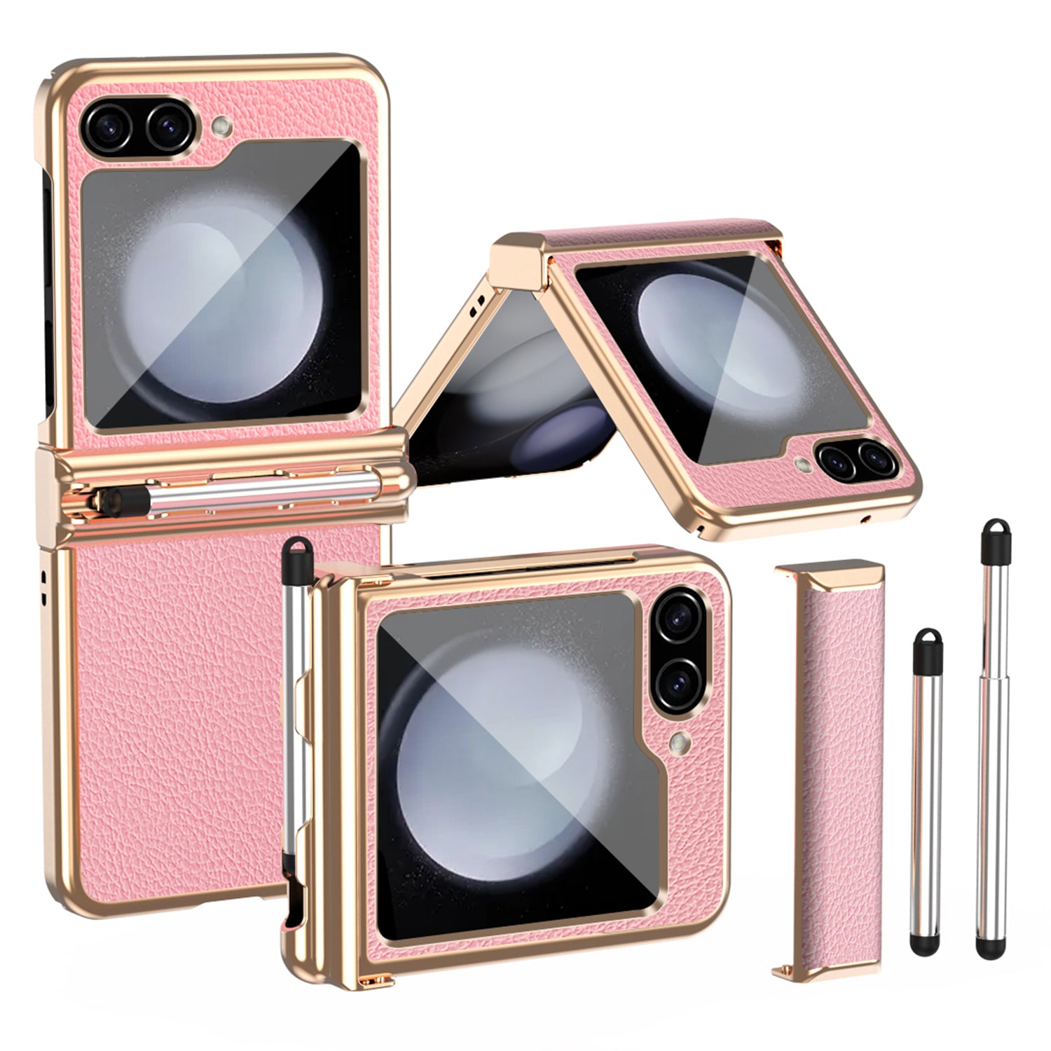 For Samsung Galaxy Z Flip5 5G Litchi Texture Phone Case Double Hinge Design Leather Coated PC Electroplating Cover with Stylus Pen For Samsung Galaxy Z Flip5 5G Litchi Texture Phone Case Double Hinge Design Leather Coated PC Electroplating Cover with Stylus Pen